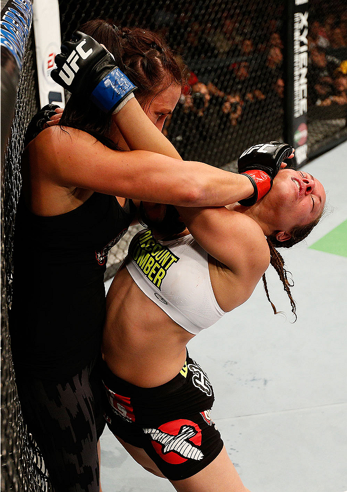 VANCOUVER, BC - JUNE 14: (L-R) Valerie Letourneau defends a takedown attempt by Elizabeth Phillips in their womens bantamweight bout at Rogers Arena on June 14, 2014 in Vancouver, Canada. (Photo by Josh Hedges/Zuffa LLC/Zuffa LLC via Getty Images)