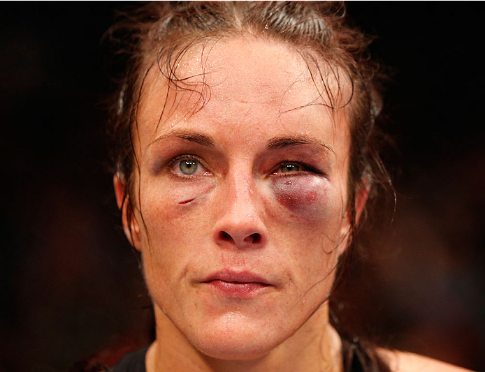 VANCOUVER, BC - JUNE 14: Valerie Letourneau waits for the judges' scores to be read after her womens bantamweight bout against Elizabeth Phillips at Rogers Arena on June 14, 2014 in Vancouver, Canada. (Photo by Josh Hedges/Zuffa LLC/Zuffa LLC via Getty
