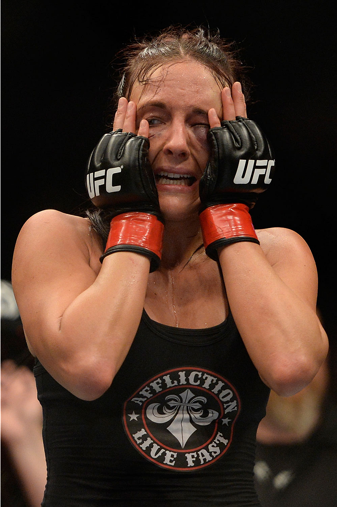 VANCOUVER, BC - JUNE 14: Valerie Latourneau celebrates after a split decision win over Elizabeth Phillips during the UFC 174 event at Rogers Arena on June 14, 2014 in Vancouver, British Columbia, Canada. (Photo by Jeff Bottari/Zuffa LLC/Zuffa LLC via Get