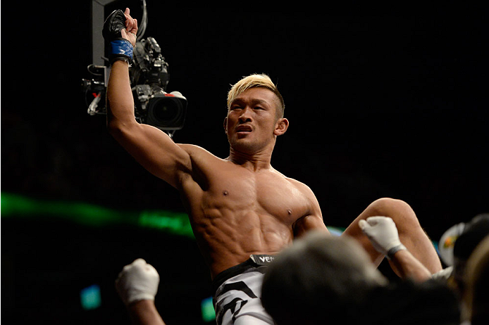 VANCOUVER, BC - JUNE 14: Kiichi Kunimoto celebrates after defeating Daniel Sarafian by a rear naked choke during the UFC 174 event at Rogers Arena on June 14, 2014 in Vancouver, British Columbia, Canada. (Photo by Jeff Bottari/Zuffa LLC/Zuffa LLC via Get