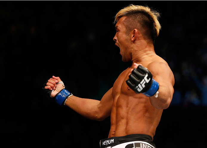 VANCOUVER, BC - JUNE 14: Kiichi Kunimoto reacts after his submission victory over Daniel Sarafian in their welterweight bout at Rogers Arena on June 14, 2014 in Vancouver, Canada. (Photo by Josh Hedges/Zuffa LLC/Zuffa LLC via Getty Images)