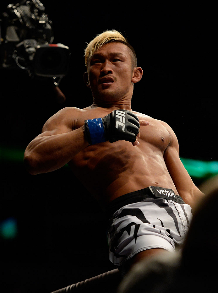 VANCOUVER, BC - JUNE 14: Kiichi Kunimoto celebrates after defeating Daniel Sarafian by a rear naked choke during the UFC 174 event at Rogers Arena on June 14, 2014 in Vancouver, British Columbia, Canada. (Photo by Jeff Bottari/Zuffa LLC/Zuffa LLC via Get