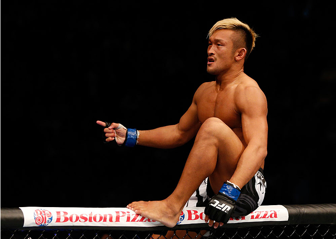 VANCOUVER, BC - JUNE 14: Kiichi Kunimoto reacts after his submission victory over Daniel Sarafian in their welterweight bout at Rogers Arena on June 14, 2014 in Vancouver, Canada. (Photo by Josh Hedges/Zuffa LLC/Zuffa LLC via Getty Images)