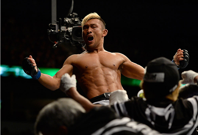 VANCOUVER, BC - JUNE 14: Kiichi Kunimoto celebrates after defeating Daniel Sarafian by a rear naked choke during the UFC 174 event at Rogers Arena on June 14, 2014 in Vancouver, British Columbia, Canada. (Photo by Jeff Bottari/Zuffa LLC/Zuffa LLC via Get
