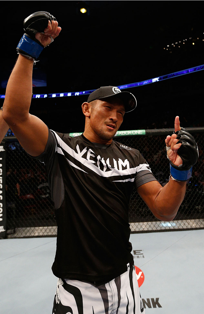 VANCOUVER, BC - JUNE 14: Kiichi Kunimoto reacts after his submission victory over Daniel Sarafian in their welterweight bout at Rogers Arena on June 14, 2014 in Vancouver, Canada. (Photo by Josh Hedges/Zuffa LLC/Zuffa LLC via Getty Images)
