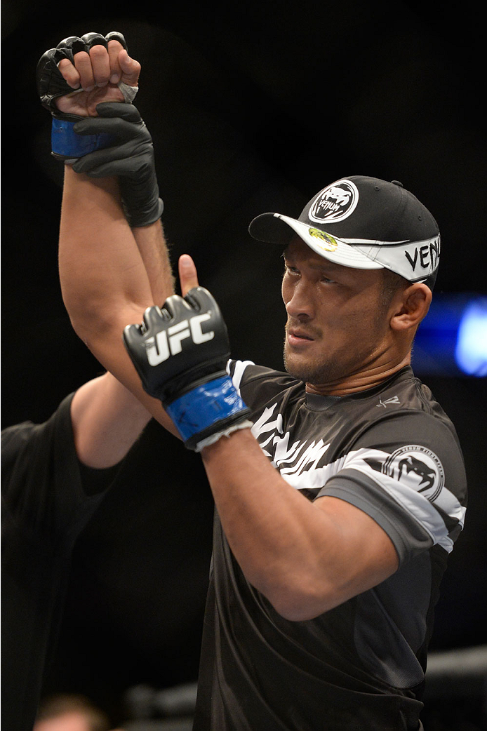 VANCOUVER, BC - JUNE 14: Kiichi Kunimoto celebrates after defeating Daniel Sarafian by a rear naked choke during the UFC 174 event at Rogers Arena on June 14, 2014 in Vancouver, British Columbia, Canada. (Photo by Jeff Bottari/Zuffa LLC/Zuffa LLC via Get