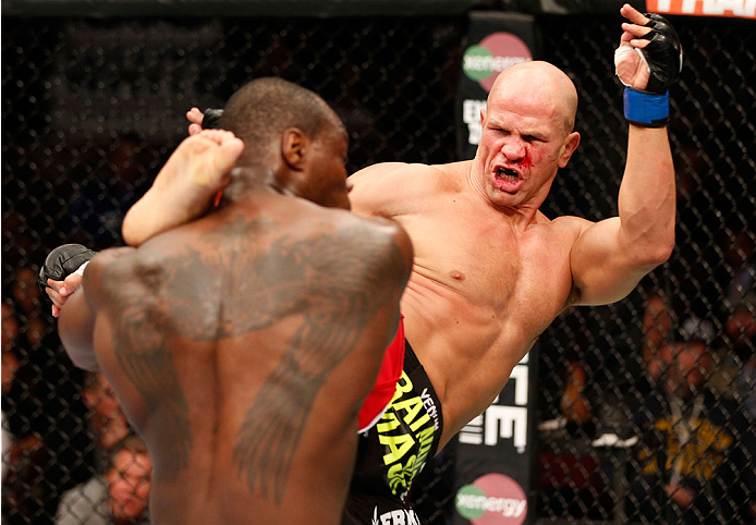 VANCOUVER, BC - JUNE 14: (R-L) Ryan Jimmo kicks Ovince Saint Preux in their light heavyweight bout at Rogers Arena on June 14, 2014 in Vancouver, Canada. (Photo by Josh Hedges/Zuffa LLC/Zuffa LLC via Getty Images)
