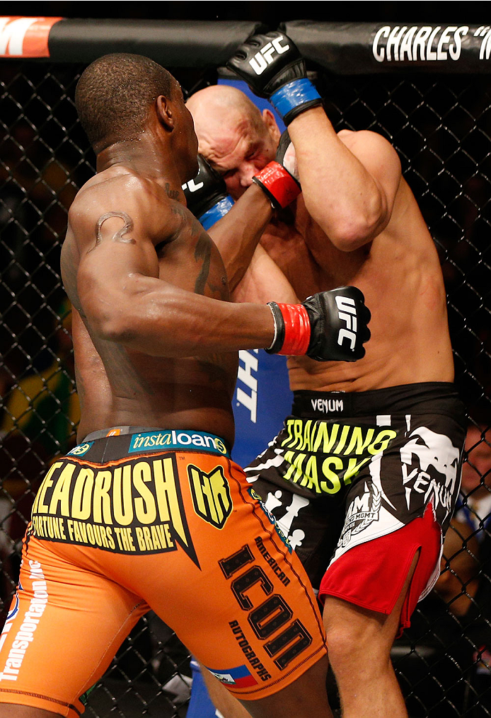 VANCOUVER, BC - JUNE 14: (L-R) Ovince Saint Preux punches Ryan Jimmo in their light heavyweight bout at Rogers Arena on June 14, 2014 in Vancouver, Canada. (Photo by Josh Hedges/Zuffa LLC/Zuffa LLC via Getty Images)