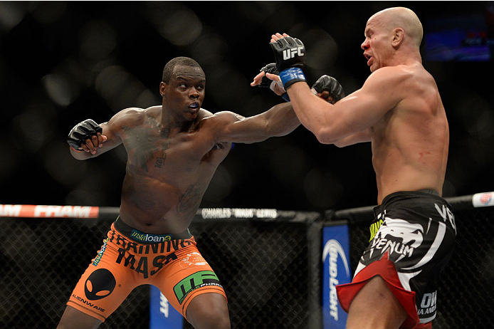 VANCOUVER, BC - JUNE 14: (L-R) Ovince Saint Preux punches Ryan Jimmo during the UFC 174 event at Rogers Arena on June 14, 2014 in Vancouver, British Columbia, Canada. (Photo by Jeff Bottari/Zuffa LLC/Zuffa LLC via Getty Images)