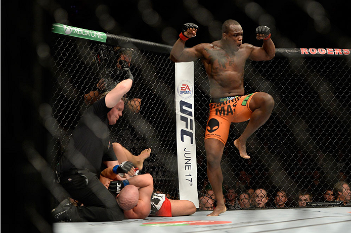 VANCOUVER, BC - JUNE 14: (R-L) Ovince Saint Preux celebrates after defeating Ryan Jimmo during the UFC 174 event at Rogers Arena on June 14, 2014 in Vancouver, British Columbia, Canada. (Photo by Jeff Bottari/Zuffa LLC/Zuffa LLC via Getty Images)