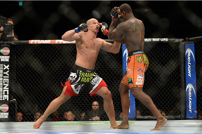 VANCOUVER, BC - JUNE 14: (L-R) Ryan Jimmo punches Ovince Saint Preux during the UFC 174 event at Rogers Arena on June 14, 2014 in Vancouver, British Columbia, Canada. (Photo by Jeff Bottari/Zuffa LLC/Zuffa LLC via Getty Images)