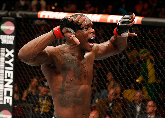 VANCOUVER, BC - JUNE 14: Ovince Saint Preux reacts after his submission victory over Ryan Jimmo in their light heavyweight bout at Rogers Arena on June 14, 2014 in Vancouver, Canada. (Photo by Josh Hedges/Zuffa LLC/Zuffa LLC via Getty Images)