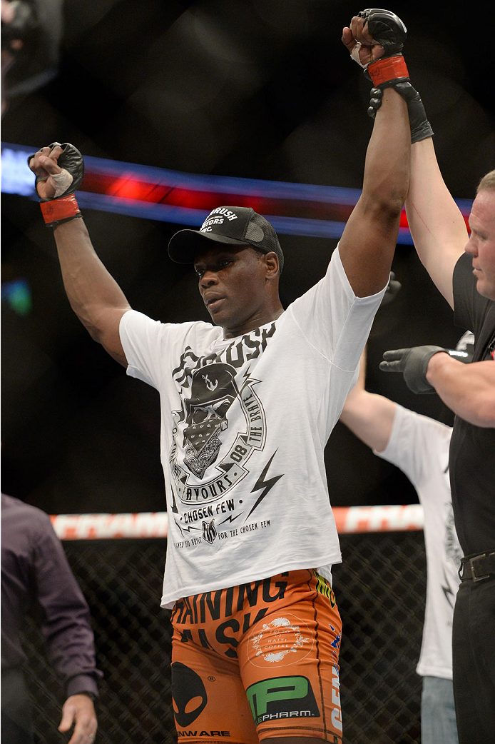 VANCOUVER, BC - JUNE 14: Ovince Saint Preux celebrates after defeating Ryan Jimmo during the UFC 174 event at Rogers Arena on June 14, 2014 in Vancouver, British Columbia, Canada. (Photo by Jeff Bottari/Zuffa LLC/Zuffa LLC via Getty Images)