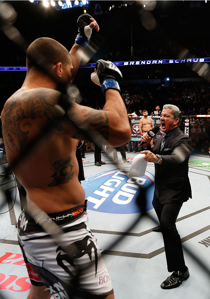 VANCOUVER, BC - JUNE 14: Brendan Schaub is introduced by Bruce Buffer before his heavyweight bout against Andrei Arlovski at Rogers Arena on June 14, 2014 in Vancouver, Canada. (Photo by Josh Hedges/Zuffa LLC/Zuffa LLC via Getty Images)