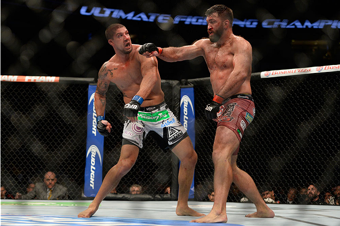 VANCOUVER, BC - JUNE 14: (L-R) Brendan Schaub and Andrei Arlovski exchange punches during the UFC 174 event at Rogers Arena on June 14, 2014 in Vancouver, British Columbia, Canada. (Photo by Jeff Bottari/Zuffa LLC/Zuffa LLC via Getty Images)