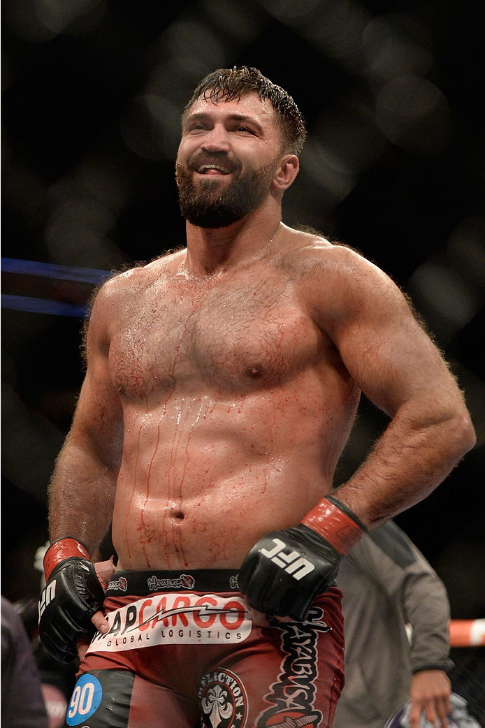 VANCOUVER, BC - JUNE 14: Andrei Arlovski smiles after defeating Brendan Schaub by split decision during the UFC 174 event at Rogers Arena on June 14, 2014 in Vancouver, British Columbia, Canada. (Photo by Jeff Bottari/Zuffa LLC/Zuffa LLC via Getty Images