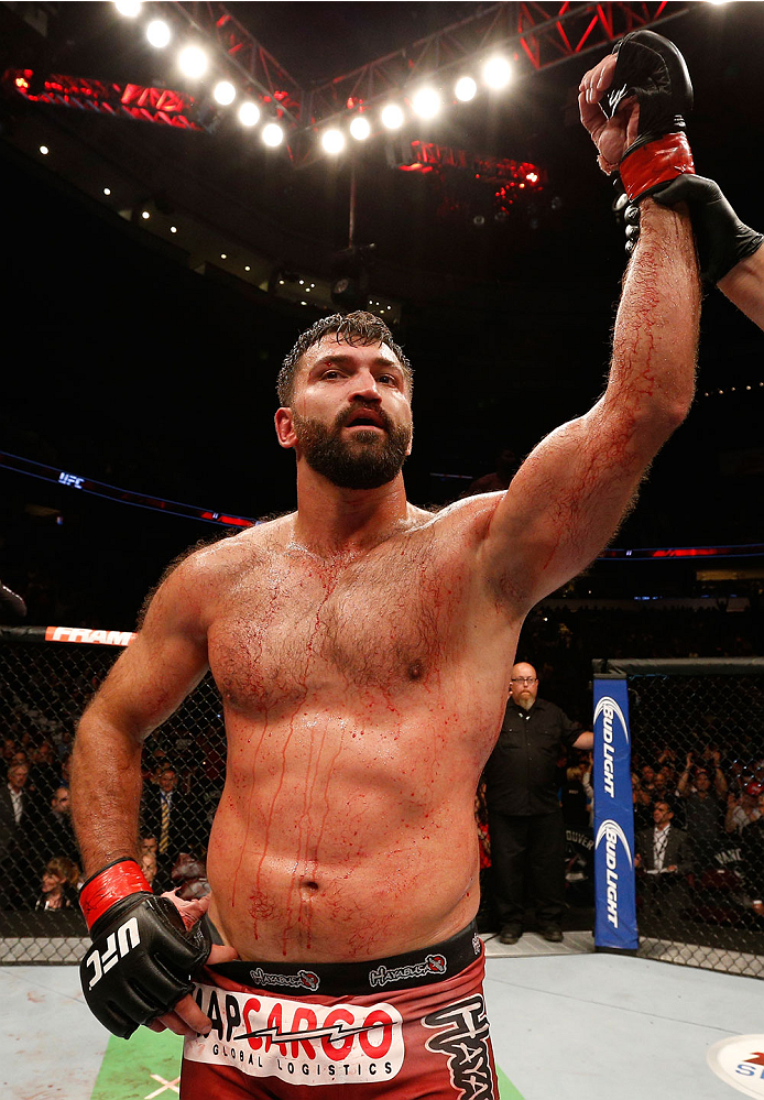 VANCOUVER, BC - JUNE 14: Andrei Arlovski reacts after his split decision victory over Brendan Schaub in their heavyweight bout at Rogers Arena on June 14, 2014 in Vancouver, Canada. (Photo by Josh Hedges/Zuffa LLC/Zuffa LLC via Getty Images)
