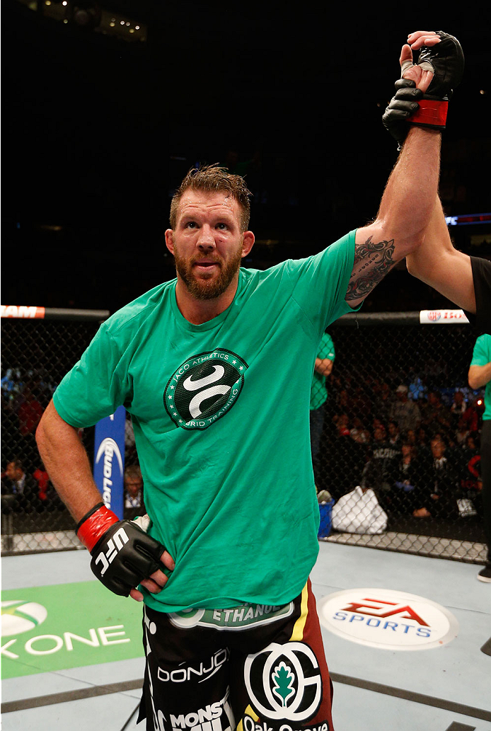 VANCOUVER, BC - JUNE 14: Ryan Bader reacts after his decision victory over Rafael "Feijao" Cavalcante in their light heavyweight bout at Rogers Arena on June 14, 2014 in Vancouver, Canada. (Photo by Josh Hedges/Zuffa LLC/Zuffa LLC via Getty Images)