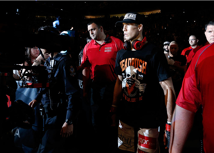 VANCOUVER, BC - JUNE 14: Rory MacDonald enters the arena before facing Tyron Woodley in their welterweight bout at Rogers Arena on June 14, 2014 in Vancouver, Canada. (Photo by Josh Hedges/Zuffa LLC/Zuffa LLC via Getty Images)