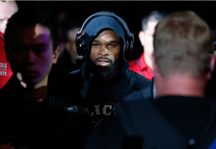VANCOUVER, BC - JUNE 14: Tyron Woodley enters the arena before facing Rory MacDonald in their welterweight bout at Rogers Arena on June 14, 2014 in Vancouver, Canada. (Photo by Josh Hedges/Zuffa LLC/Zuffa LLC via Getty Images)