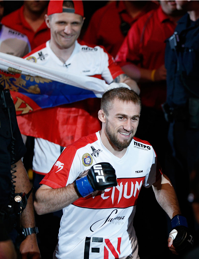 VANCOUVER, BC - JUNE 14: Ali Bagautinov enters the arena before facing UFC Flyweight Champion Demtrious 'Mighty Mouse' Johnson in their UFC flyweight championship bout at Rogers Arena on June 14, 2014 in Vancouver, Canada. (Photo by Josh Hedges/Zuffa LL