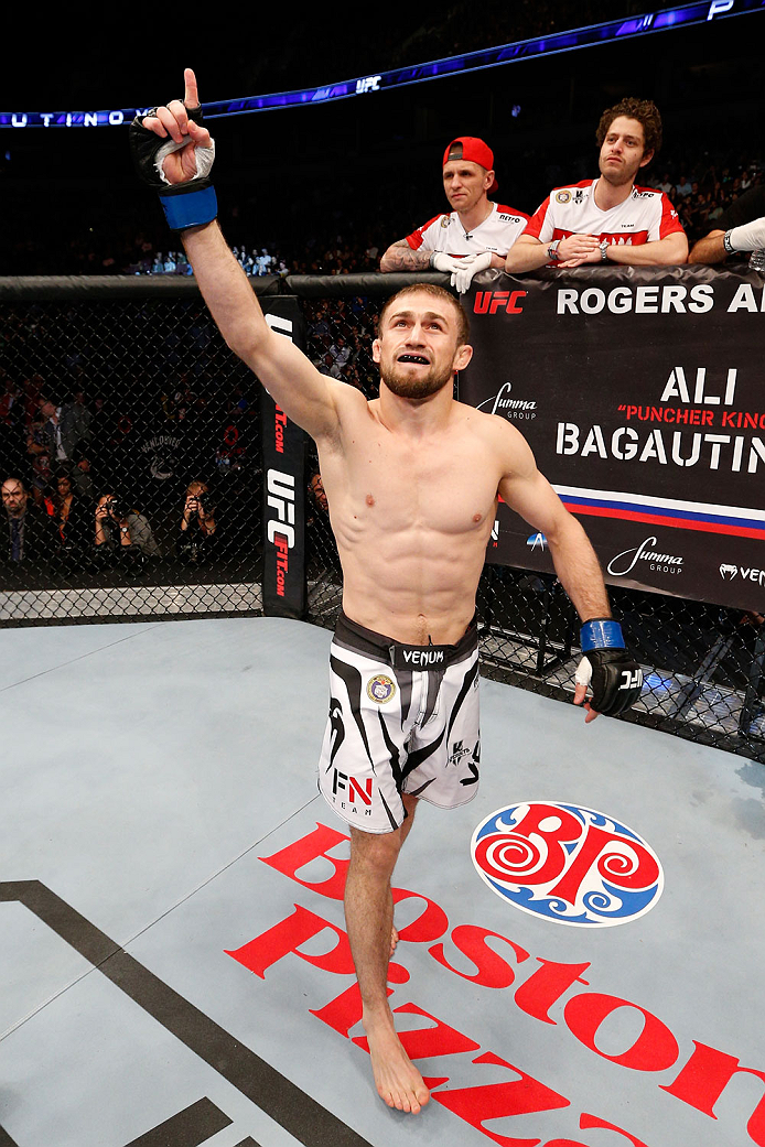VANCOUVER, BC - JUNE 14: UFC flyweight challenger Ali Bagauitinov is introduced to the crowd before facing UFC Flyweight Champion Demetrious 'Mighty Mouse' Johnson in their UFC flyweight championship bout at Rogers Arena on June 14, 2014 in Vancouver, Ca