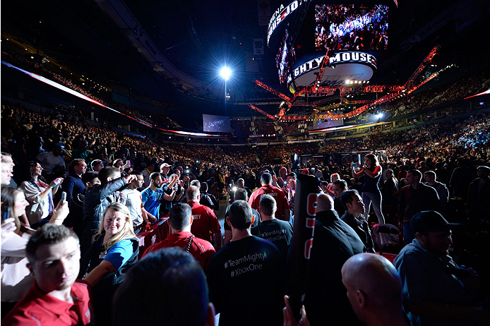 VANCOUVER, BC - JUNE 14: A general view of Demetrious 'Mighty Mouse' Johnson walking into the arena before his championship bout against Ali Bagautinov during the UFC 174 event at Rogers Arena on June 14, 2014 in Vancouver, British Columbia, Canada. (Pho