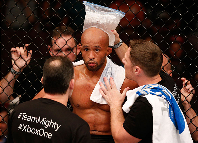 VANCOUVER, BC - JUNE 14: Demetrious "Mighty Mouse" Johnson sits in his corner between rounds of his UFC flyweight championship bout against Ali Bagautinov at Rogers Arena on June 14, 2014 in Vancouver, Canada. (Photo by Josh Hedges/Zuffa LLC/Zuffa LLC v