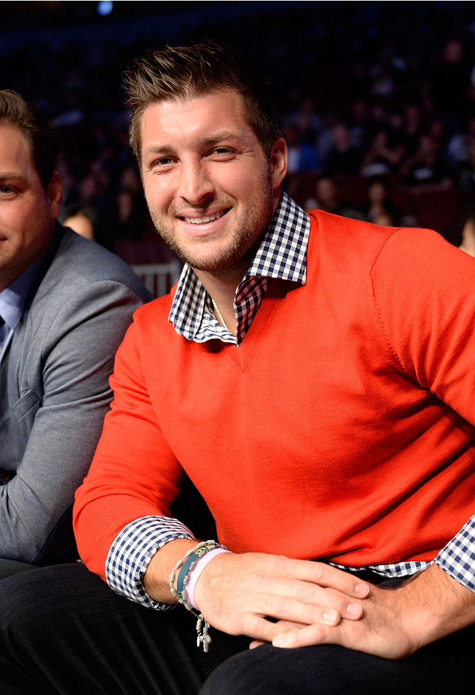 VANCOUVER, BC - JUNE 14: Former Heisman Trophy winner and Denver Broncos quarterback Tim Tebow attends the UFC 174 event at Rogers Arena on June 14, 2014 in Vancouver, British Columbia, Canada. (Photo by Jeff Bottari/Zuffa LLC/Zuffa LLC via Getty Images)