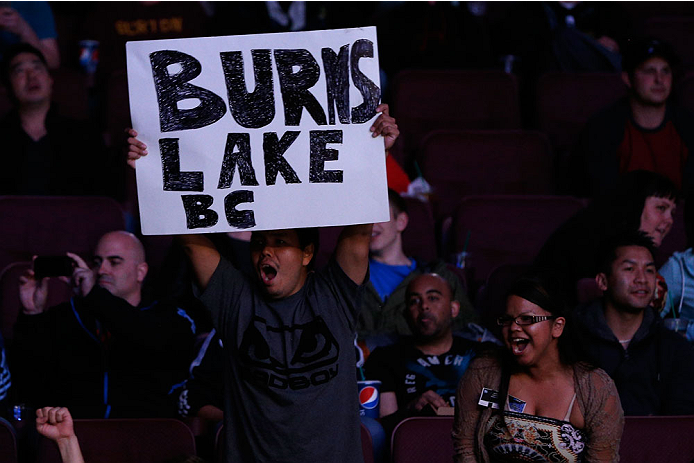 VANCOUVER, BC - JUNE 14: Fans display a sign in support of Kajan Johnson from Burns Lake, BC during his lightweight bout against Tae Hyun Bang at Rogers Arena on June 14, 2014 in Vancouver, Canada. (Photo by Josh Hedges/Zuffa LLC/Zuffa LLC via Getty Ima