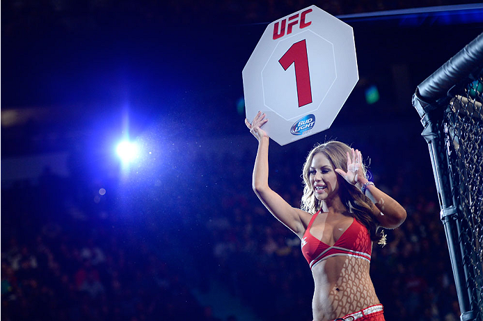VANCOUVER, BC - JUNE 14: UFC Octagon Girl Brittney Palmer signals the start of round one between Ovince Saint Preux and Ryan Jimmo during the UFC 174 event at Rogers Arena on June 14, 2014 in Vancouver, British Columbia, Canada. (Photo by Jeff Bottari/Zu