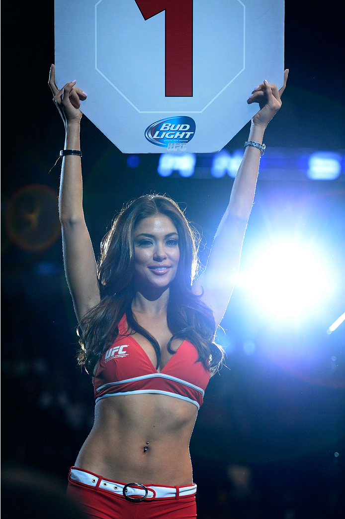 VANCOUVER, BC - JUNE 14: UFC Octagon Girl Arianny Celeste signals the start of round one between Andrei Arlovski and Brendan Schaub during the UFC 174 event at Rogers Arena on June 14, 2014 in Vancouver, British Columbia, Canada. (Photo by Jeff Bottari/Z
