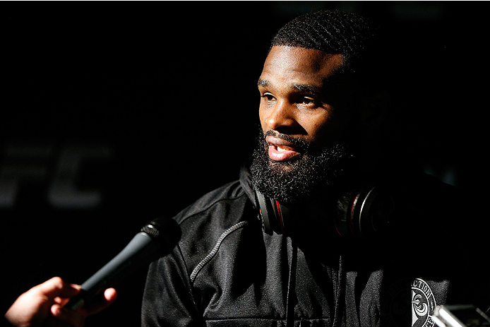 VANCOUVER, CANADA - JUNE 12: Tyron Woodley interacts with media after an open training session for media at the EA Sports Capture Lab on June 12, 2014 in Vancouver, British Columbia, Canada. (Photo by Josh Hedges/Zuffa LLC/Zuffa LLC via Getty Images)