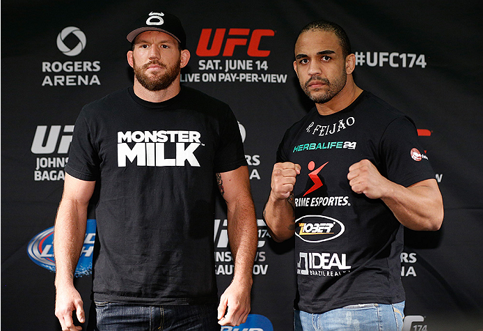VANCOUVER, CANADA - JUNE 12: (L-R) Opponents Ryan Bader and Rafael "Feijao" Cavalcante pose for photos at the EA Sports Capture Lab on June 12, 2014 in Vancouver, British Columbia, Canada. (Photo by Josh Hedges/Zuffa LLC/Zuffa LLC via Getty Images)