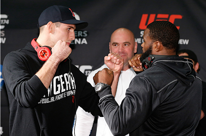 VANCOUVER, CANADA - JUNE 12: (L-R) Opponents Rory MacDonald and Tyron Woodley face off at the EA Sports Capture Lab on June 12, 2014 in Vancouver, British Columbia, Canada. (Photo by Josh Hedges/Zuffa LLC/Zuffa LLC via Getty Images)