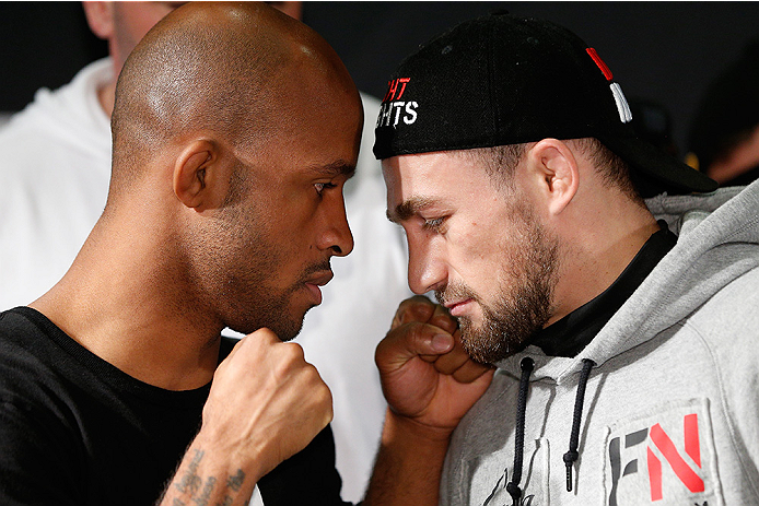 VANCOUVER, CANADA - JUNE 12: (L-R) Opponents Demetrious Johnson and Ali Bagautinov face off at the EA Sports Capture Lab on June 12, 2014 in Vancouver, British Columbia, Canada. (Photo by Josh Hedges/Zuffa LLC/Zuffa LLC via Getty Images)