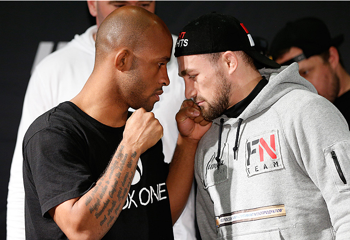 VANCOUVER, CANADA - JUNE 12: (L-R) Opponents Demetrious Johnson and Ali Bagautinov face off at the EA Sports Capture Lab on June 12, 2014 in Vancouver, British Columbia, Canada. (Photo by Josh Hedges/Zuffa LLC/Zuffa LLC via Getty Images)