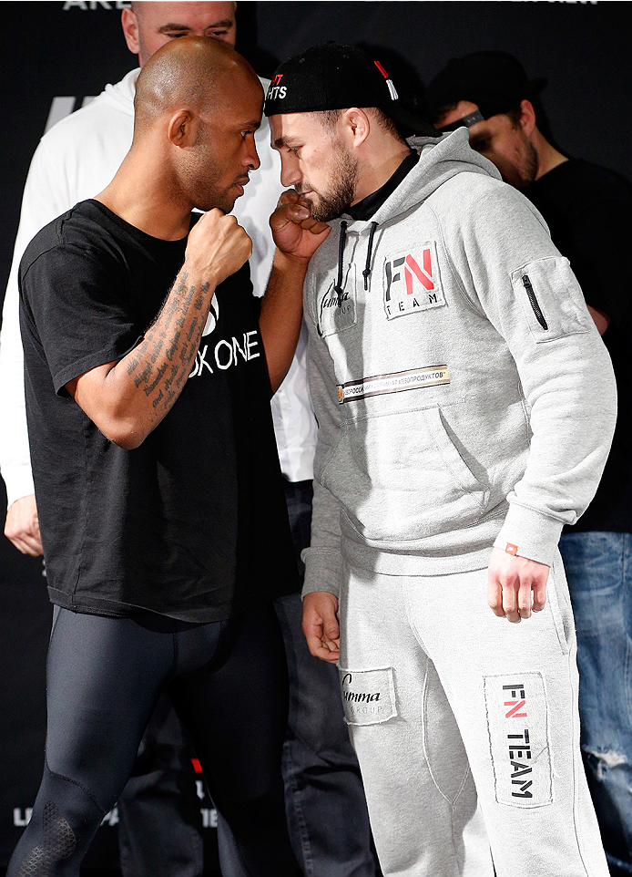 VANCOUVER, CANADA - JUNE 12: (L-R) Opponents Demetrious Johnson and Ali Bagautinov face off at the EA Sports Capture Lab on June 12, 2014 in Vancouver, British Columbia, Canada. (Photo by Josh Hedges/Zuffa LLC/Zuffa LLC via Getty Images)