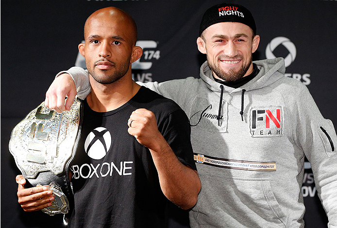 VANCOUVER, CANADA - JUNE 12: (L-R) Opponents Demetrious Johnson and Ali Bagautinov pose for photos at the EA Sports Capture Lab on June 12, 2014 in Vancouver, British Columbia, Canada. (Photo by Josh Hedges/Zuffa LLC/Zuffa LLC via Getty Images)