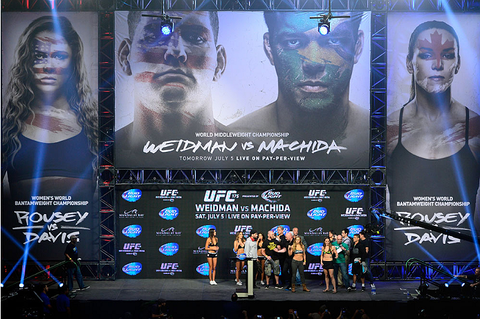 LAS VEGAS, NV - JULY 4: (L-R) UFC women's bantamweight champion Ronda Rousey and challenger Alexis Davis pose for the crowd during the UFC 175 weigh-in inside the Mandalay Bay Events Center on July 4, 2014 in Las Vegas, Nevada. (Photo by Jeff Bottari/Zuf