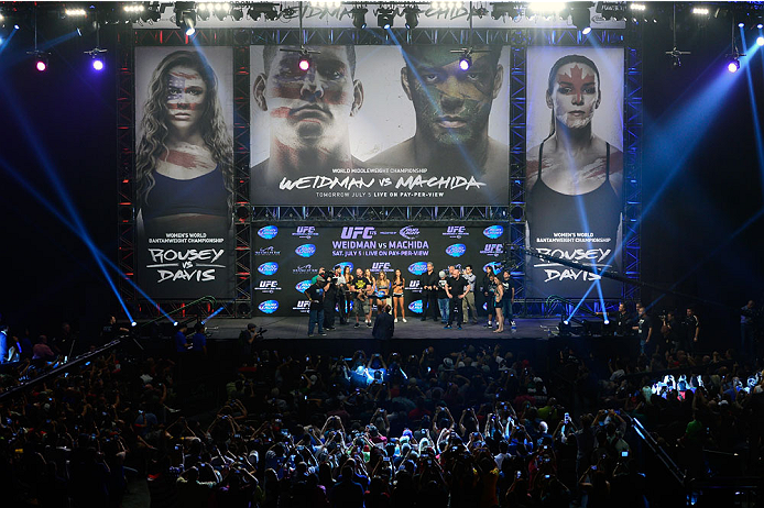 LAS VEGAS, NV - JULY 4: UFC women's bantamweight champion Ronda Rousey steps on the scale during the UFC 175 weigh-in inside the Mandalay Bay Events Center on July 4, 2014 in Las Vegas, Nevada. (Photo by Jeff Bottari/Zuffa LLC/Zuffa LLC via Getty Images)