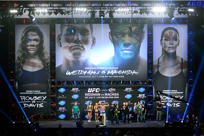 LAS VEGAS, NV - JULY 4: Lyoto Machida steps on the scale during the UFC 175 weigh-in inside the Mandalay Bay Events Center on July 4, 2014 in Las Vegas, Nevada. (Photo by Jeff Bottari/Zuffa LLC/Zuffa LLC via Getty Images)