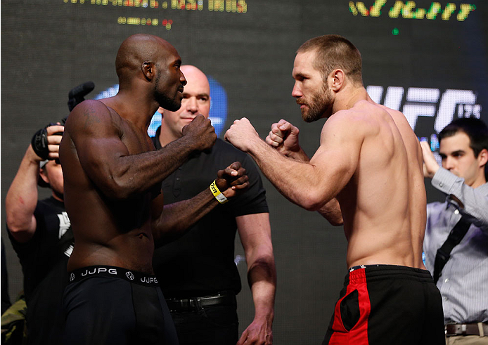 LAS VEGAS, NV - JULY 04: (L-R) Kevin Casey squares off with Bubba Bush during the UFC 175 weigh-in inside the Mandalay Bay Events Center on July 4, 2014 in Las Vegas, Nevada. (Photo by Josh Hedges/Zuffa LLC/Zuffa LLC via Getty Images)