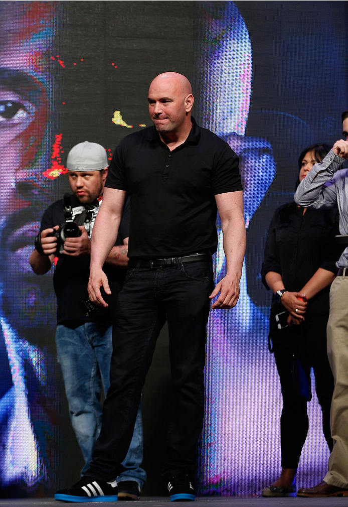 LAS VEGAS, NV - JULY 04: UFC President Dana White stands on stage during the UFC 175 weigh-in inside the Mandalay Bay Events Center on July 4, 2014 in Las Vegas, Nevada. (Photo by Josh Hedges/Zuffa LLC/Zuffa LLC via Getty Images)