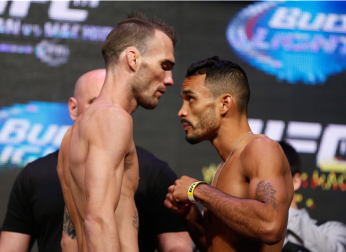 LAS VEGAS, NV - JULY 04: (L-R) George Roop faces off with Rob Font during the UFC 175 weigh-in inside the Mandalay Bay Events Center on July 4, 2014 in Las Vegas, Nevada. (Photo by Josh Hedges/Zuffa LLC/Zuffa LLC via Getty Images)