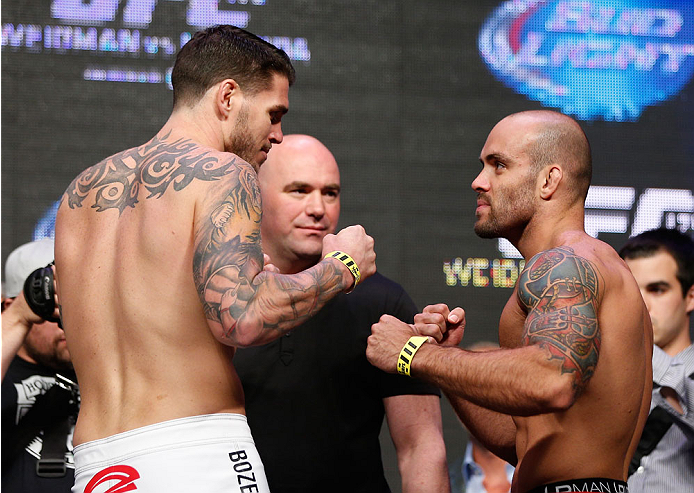 LAS VEGAS, NV - JULY 04: (L-R) Chris Camozzi faces off with Bruno Santos during the UFC 175 weigh-in inside the Mandalay Bay Events Center on July 4, 2014 in Las Vegas, Nevada. (Photo by Josh Hedges/Zuffa LLC/Zuffa LLC via Getty Images)