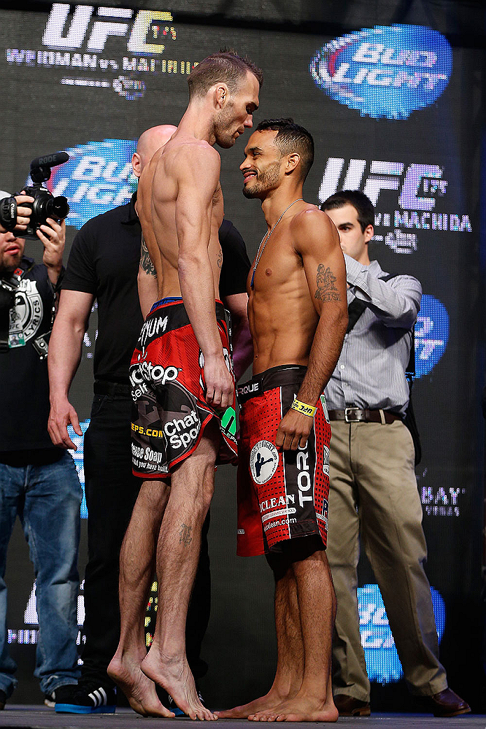 LAS VEGAS, NV - JULY 04: (L-R) George Roop faces off with Rob Font during the UFC 175 weigh-in inside the Mandalay Bay Events Center on July 4, 2014 in Las Vegas, Nevada. (Photo by Josh Hedges/Zuffa LLC/Zuffa LLC via Getty Images)