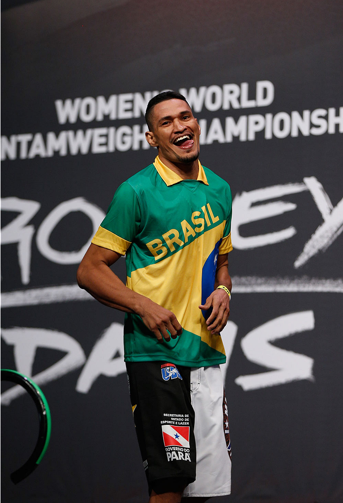 LAS VEGAS, NV - JULY 04: Ildemar Alcantara walks onto the stage during the UFC 175 weigh-in inside the Mandalay Bay Events Center on July 4, 2014 in Las Vegas, Nevada. (Photo by Josh Hedges/Zuffa LLC/Zuffa LLC via Getty Images)