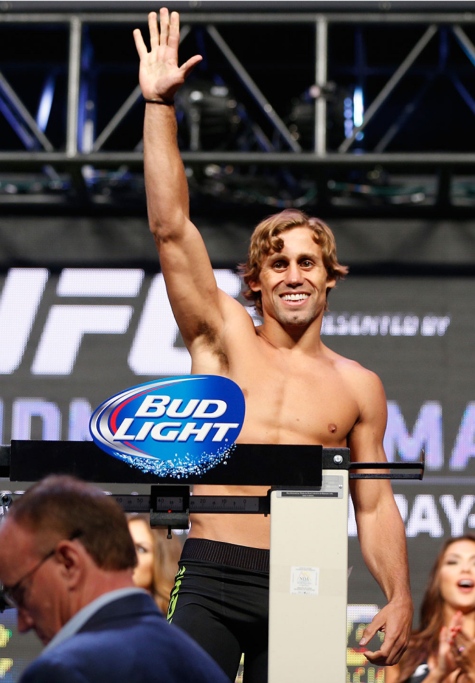 LAS VEGAS, NV - JULY 04: Urijah Faber weighs in during the UFC 175 weigh-in inside the Mandalay Bay Events Center on July 4, 2014 in Las Vegas, Nevada. (Photo by Josh Hedges/Zuffa LLC/Zuffa LLC via Getty Images)