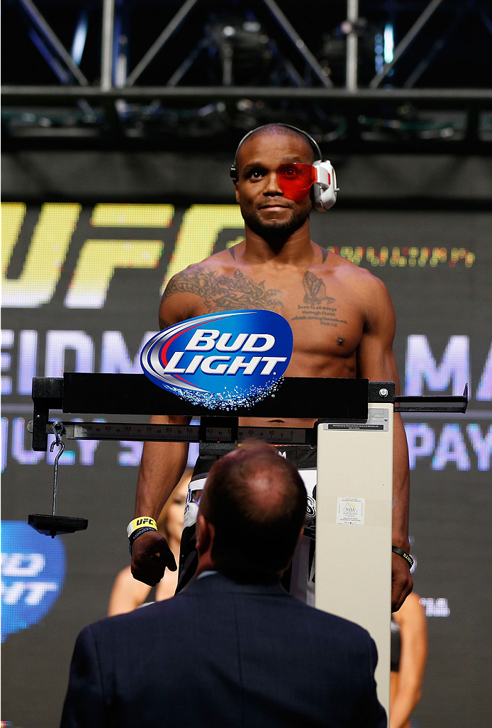 LAS VEGAS, NV - JULY 04: Marcus Brimage weighs in during the UFC 175 weigh-in inside the Mandalay Bay Events Center on July 4, 2014 in Las Vegas, Nevada. (Photo by Josh Hedges/Zuffa LLC/Zuffa LLC via Getty Images)